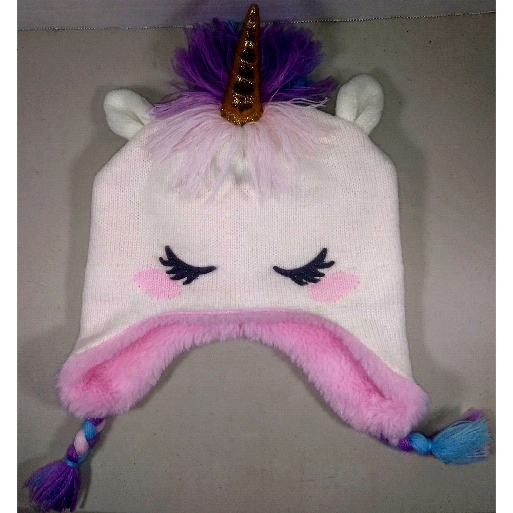 Addie & Tate Unicorn Beanie Toddler Cap Hat Ear Flap Braided Tassels Pink Purple